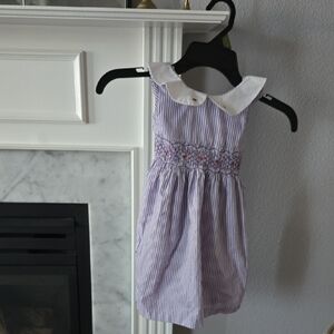 Girls Sleeveless Smocked Dress with Peter Pan Collar - Lavender Stripe